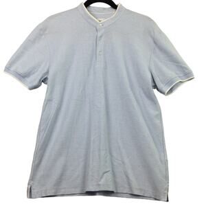 Zara Mock Neck Henley Short Sleeve Preppy Blue Cotton Textured Shirt Men's Sz M